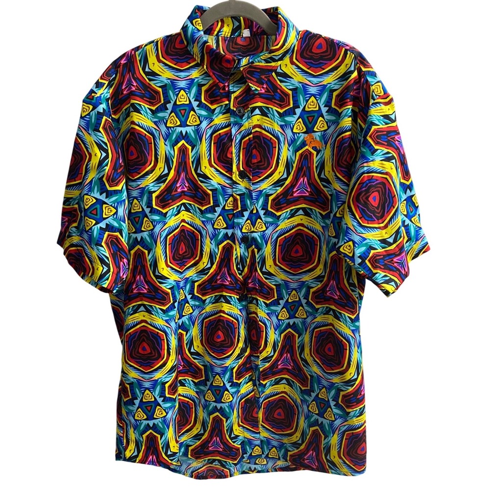 Mens Psychedelic Kaleidoscope Print Short Sleeve Button Down Oversized Med L XL